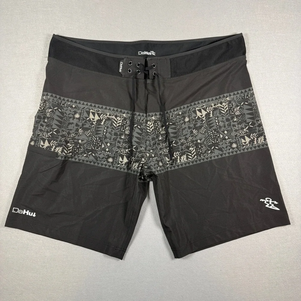 Da Hui Boardshorts Mens 38 Black Tribal Print Surf Swim Trunks Hawaii Surf Beach